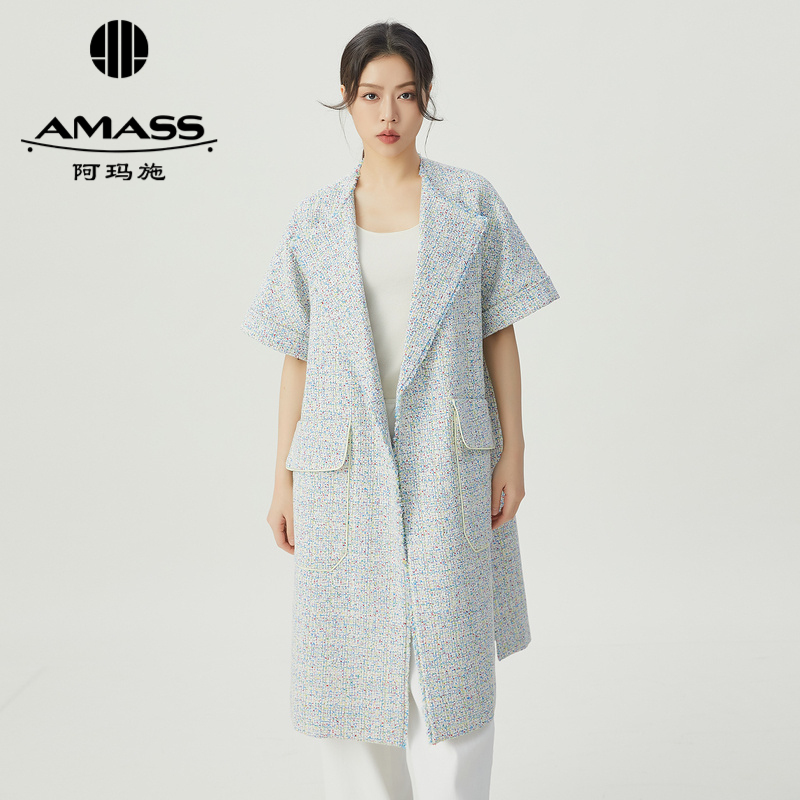 阿玛施AMASS 气质嫩莱姆绿花呢廓形长款外套5400733