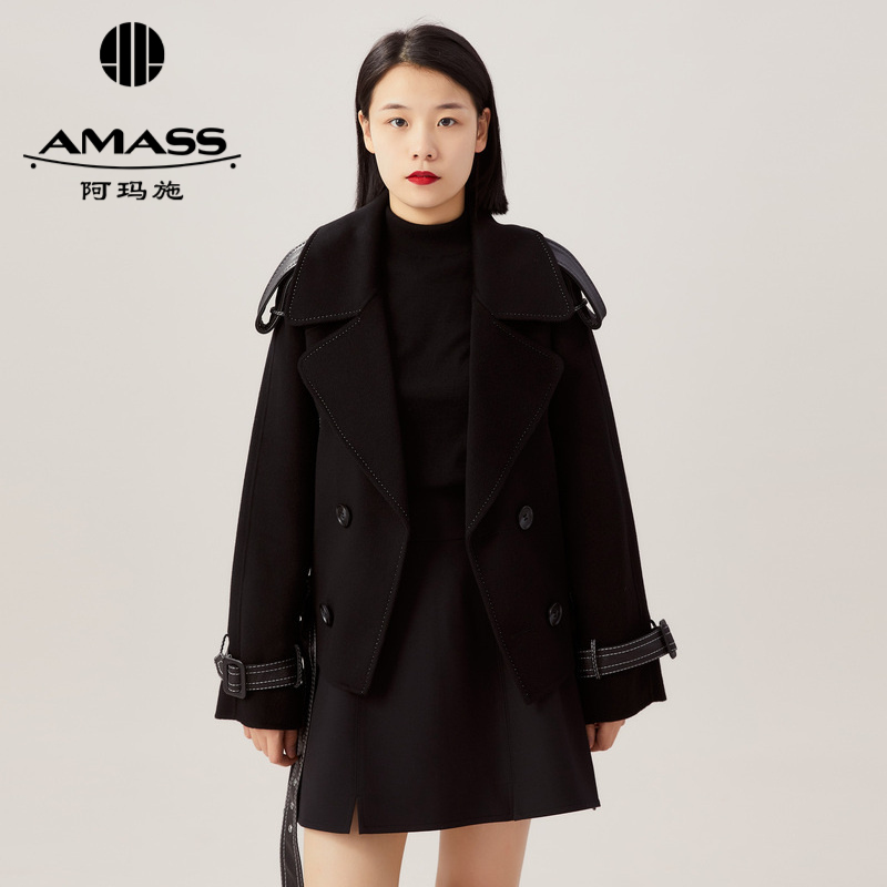 AMASS阿玛施酷帅翻领拼皮夹克5400742 附肩带、肩袢、袖袢
