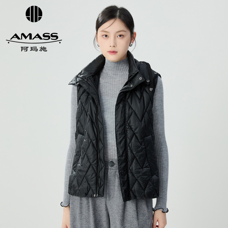 阿玛施AMASS 秋冬新款简约百搭菱形绗缝连帽夹棉马甲外套5400747