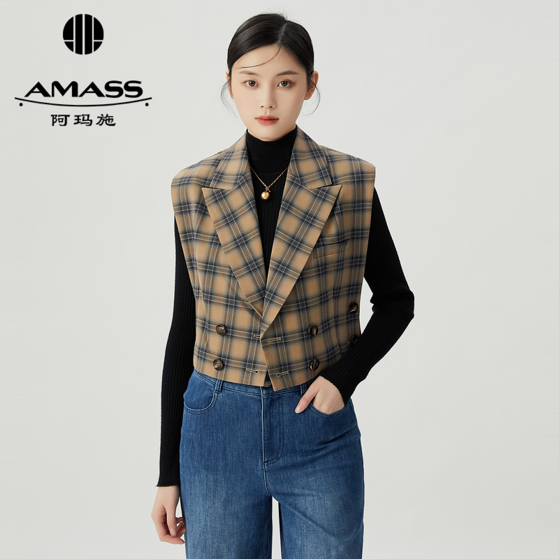阿玛施AMASS 复古格纹双排扣西装式马甲5400751