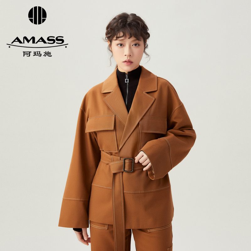 AMASS阿玛施 中长款V领明线设计工装外套5400756 附腰带