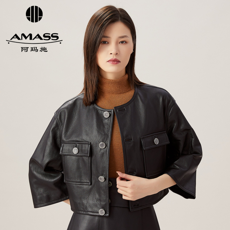 AMASS阿玛施小香风圆领双口袋羊皮夹克5400757
