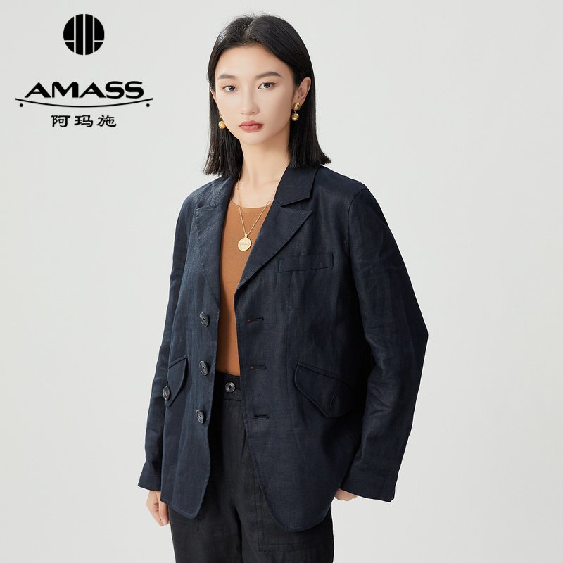 阿玛施AMASS新款女装透气舒爽直身版纯色通勤麻料西装5400766