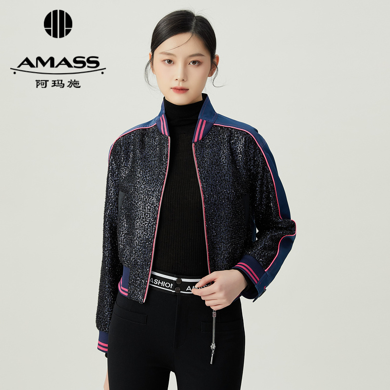 阿玛施AMASS 细闪亮片拼接设计重工质感夹克外套5400772