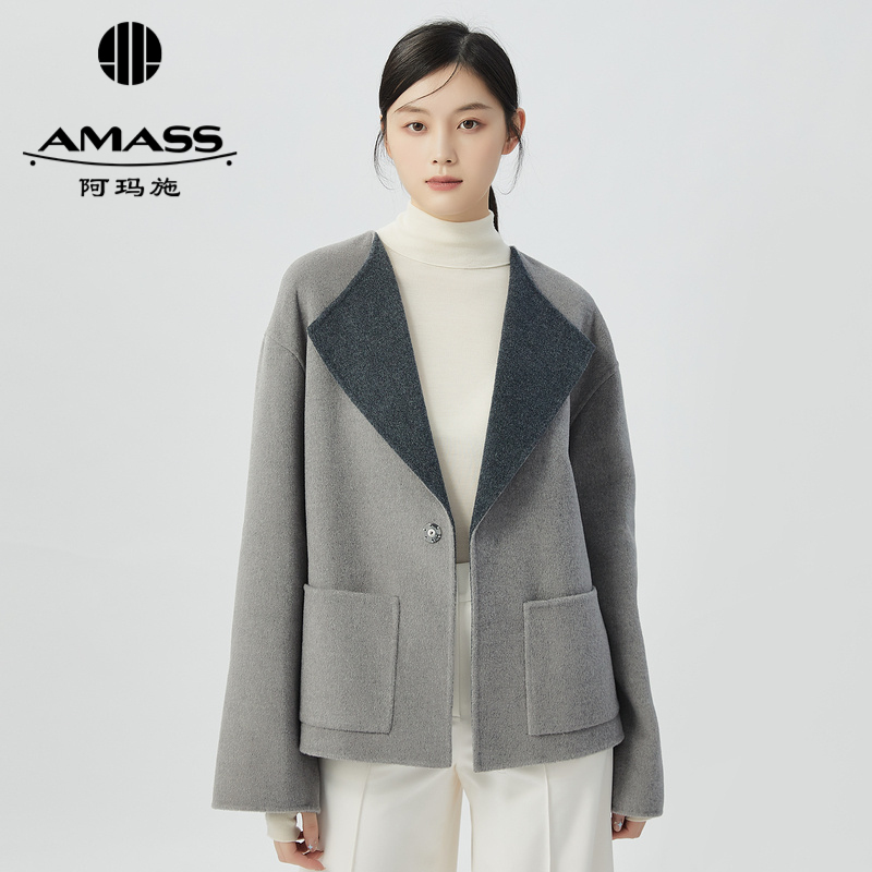 阿玛施AMASS 简约翻领中长款双面尼外套5400778