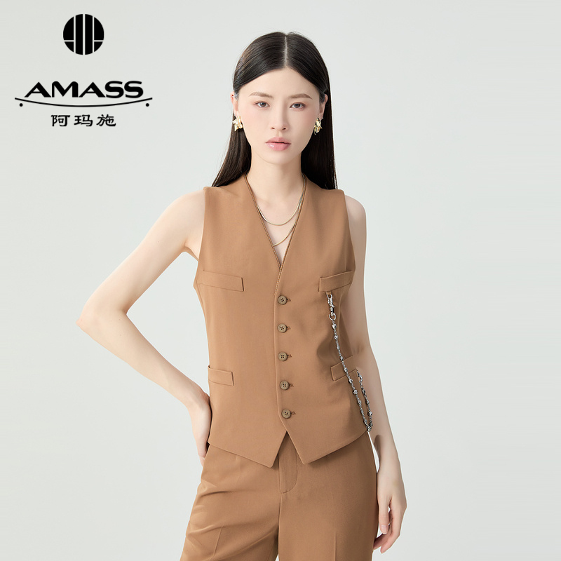 AMASS阿玛施通勤利落V领收腰排扣西装马甲附金属链5400780