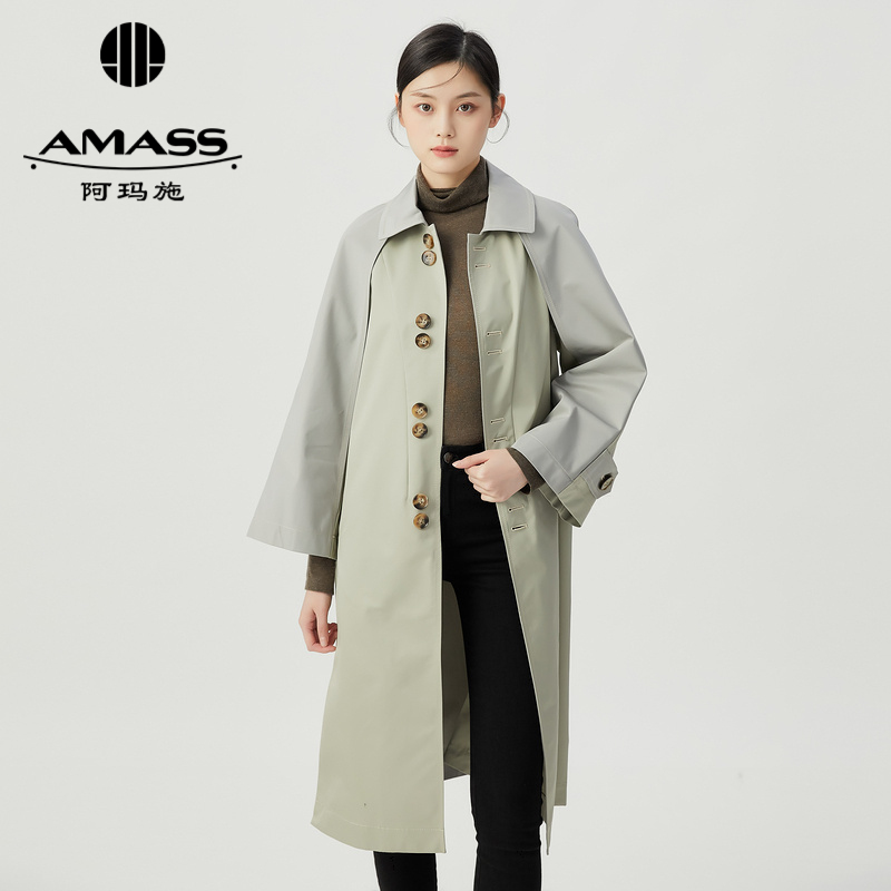 阿玛施AMASS翻领排扣牛油果中长款宽松纯色i风衣5400787