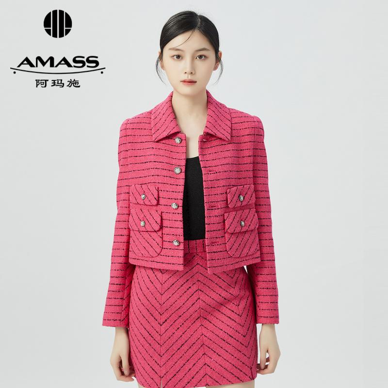 阿玛施AMASS 百搭复古花呢圆翻领口袋短款小香外套5400789