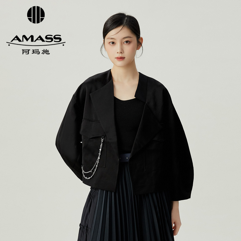 阿玛施AMASS 光泽感对不称翻领造型设计廓形外套5400791