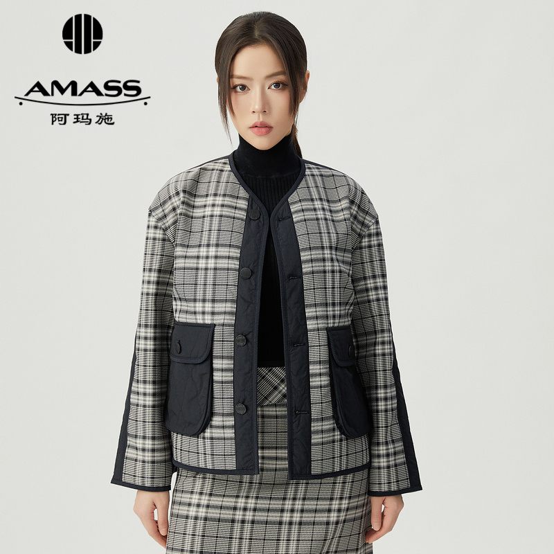 阿玛施AMASS 复古格纹前后拼接设计V领廓形棉服5400793