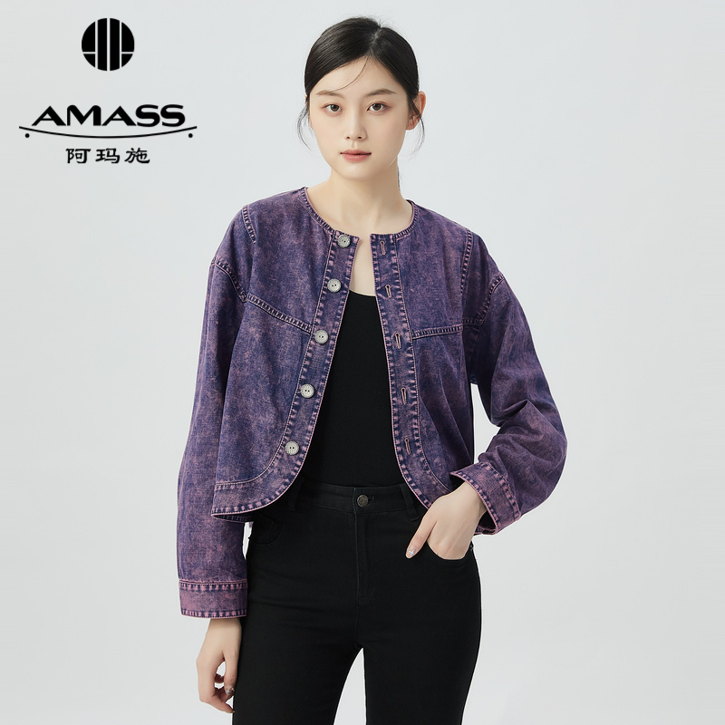 阿玛施AMASS新款宽松美圆领牛仔扎染夹克长袖外套5400806