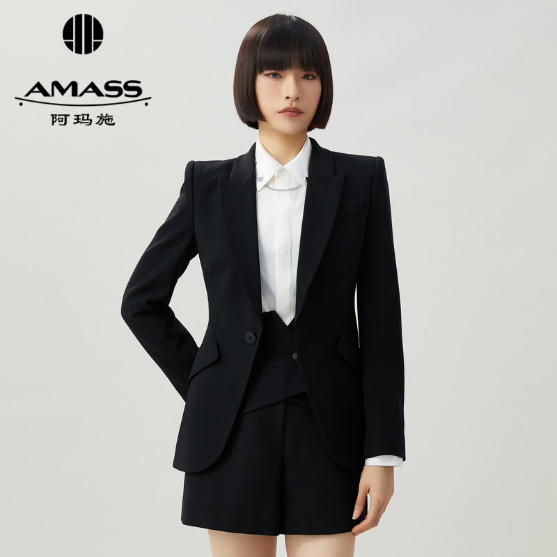 阿玛施AMASS纯色宫廷翻领单扣垂坠通勤西装5400809-2