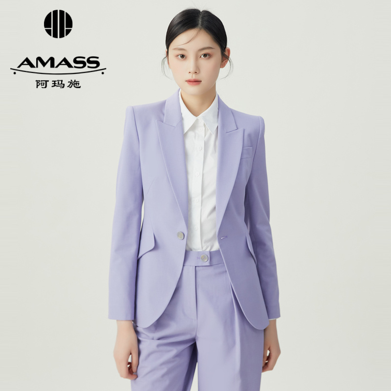 阿玛施AMASS简约纯色宫廷翻领单扣通勤西装女5400809-2