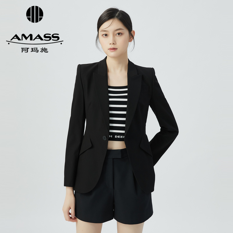 阿玛施AMASS纯色宫廷翻领单扣通勤西装5400809-3
