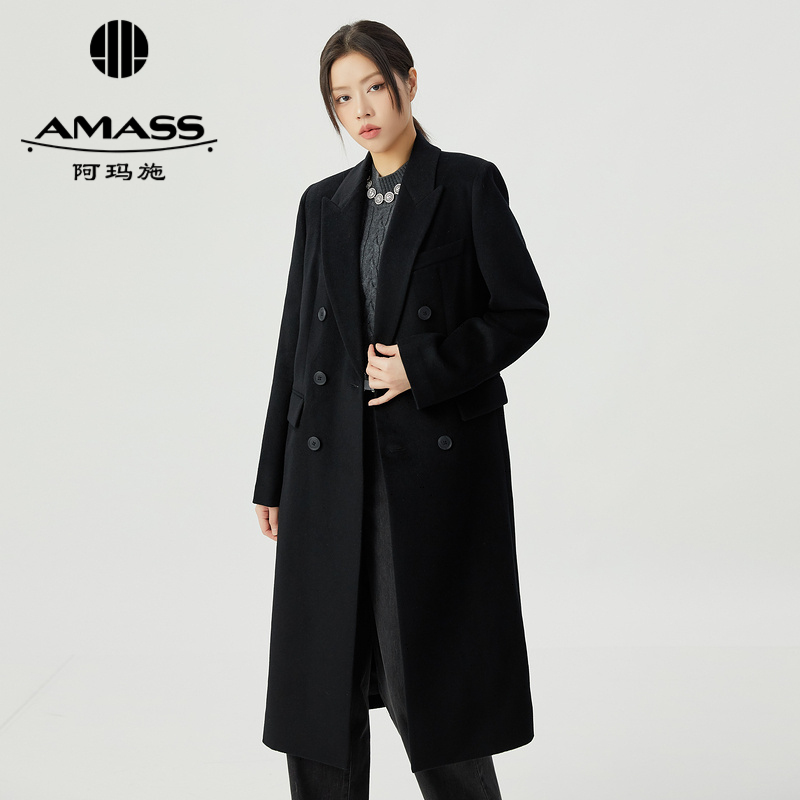 阿玛施AMASS 绵羊毛兔毛英式简约双排扣中长直身版大衣外套5400810