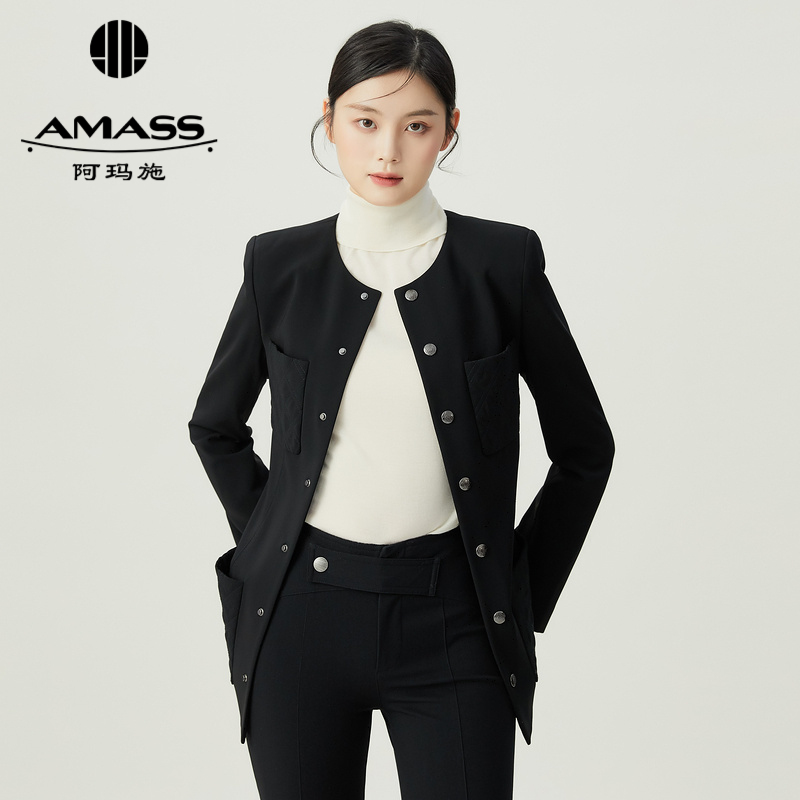 阿玛施AMASS 经典气质优雅圆领收腰外套5400815