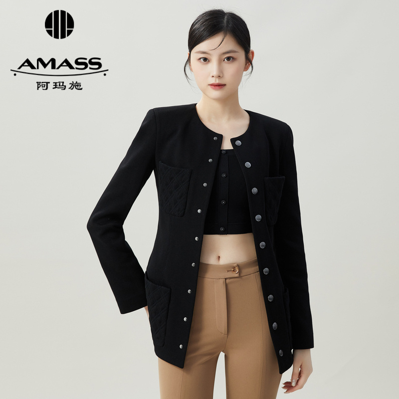 阿玛施AMASS 知性优雅圆领质感单排扣修身外套5400815