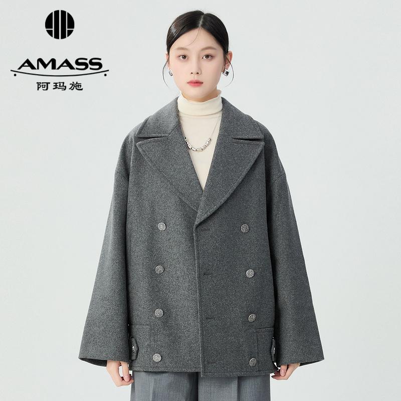 阿玛施AMASS 帅气大翻领工装风纯色廓形毛料夹克5400821