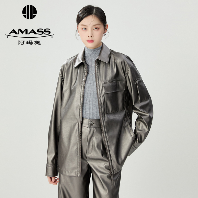 阿玛施AMASS 新款时尚时髦酷girl刷银翻领夹克外套5400822