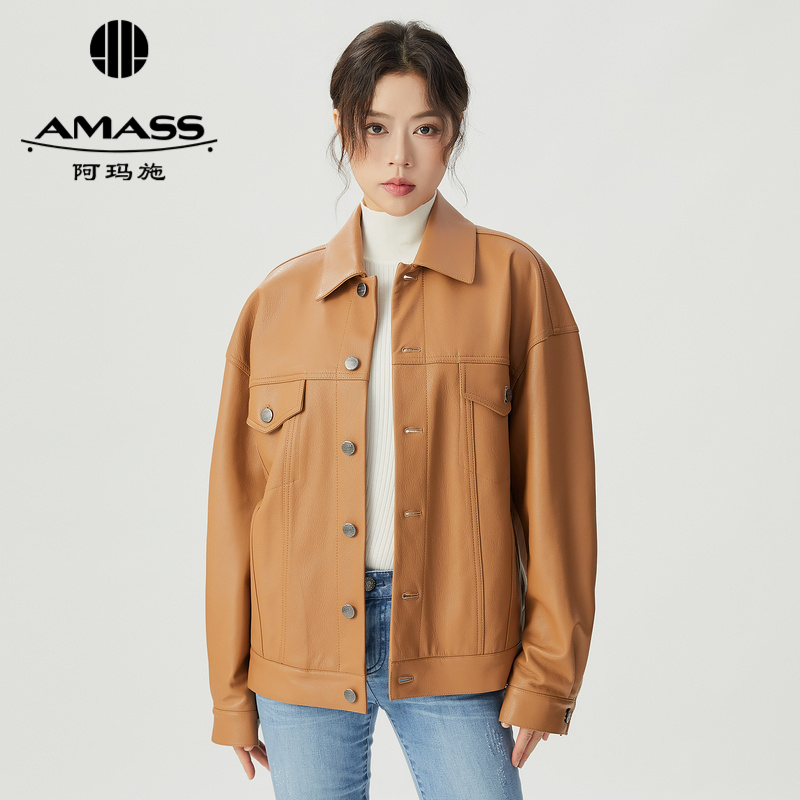 阿玛施AMASS时髦高级质感宽松宽松皮夹克女5400826