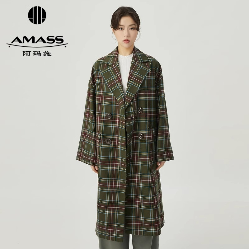 阿玛施AMASS 英伦风复古格纹长款廓形大衣5400828