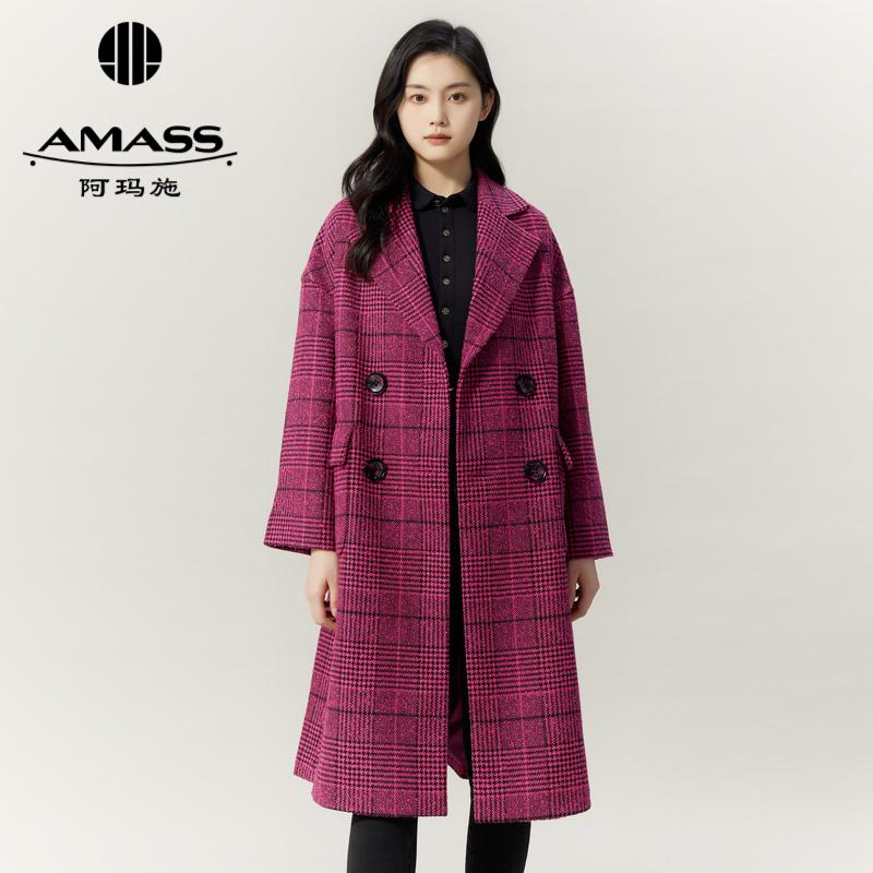 AMASS阿玛施 秋冬长款翻领宽松复古格纹大衣5400828