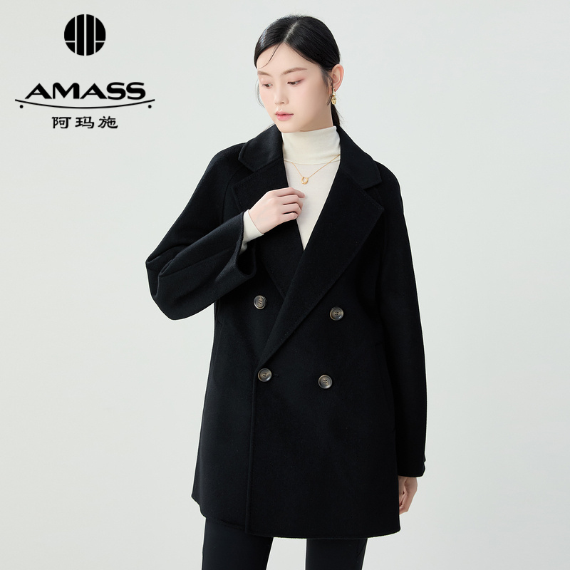 阿玛施AMASS 经典质感双排扣绵羊毛双面呢大衣外套5400833