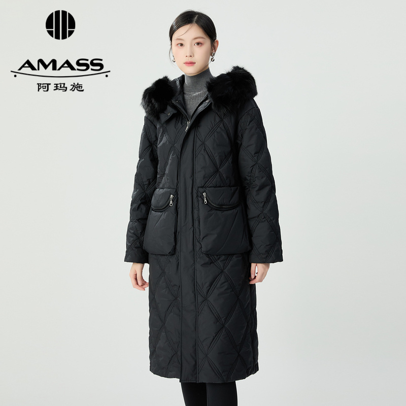 阿玛施AMASS 中长款笑脸拉链口袋连帽领绗缝棉服5400834