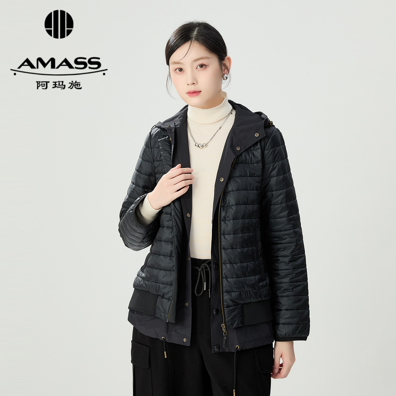 阿玛施AMASS 休闲户外风拼接面料中长款连帽棉服外套5400835