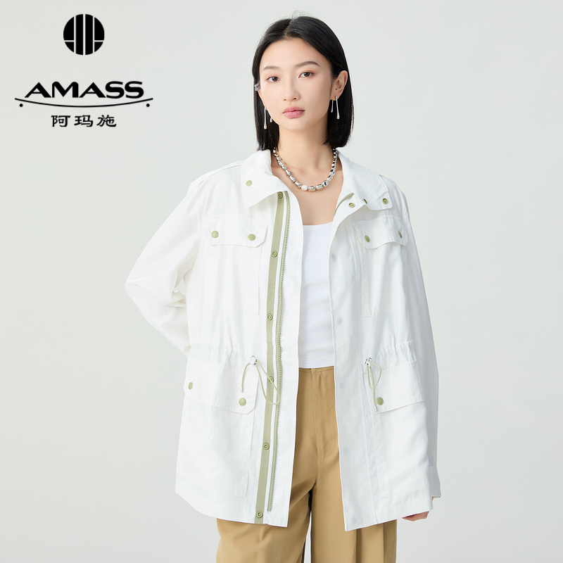 阿玛施AMASS 英式复古立领双口袋腰节抽绳猎装夹克外套5400841