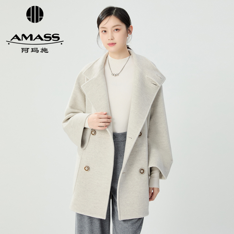 阿玛施AMASS 秋冬双排扣绵羊毛立领大衣外套5400843