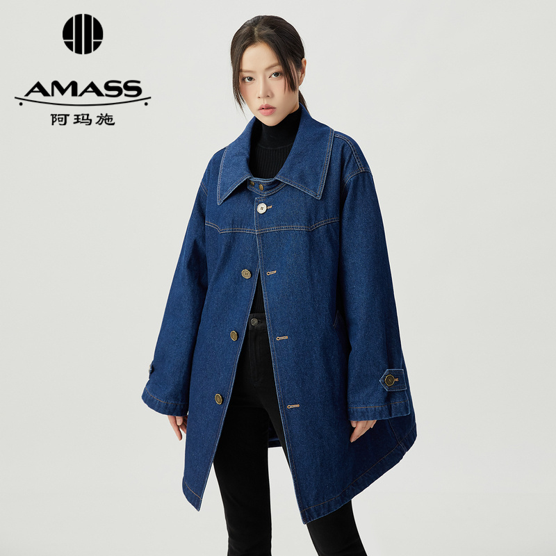 阿玛施AMASS秋冬新款排扣双口袋丹宁廓形牛仔棉衣5400845