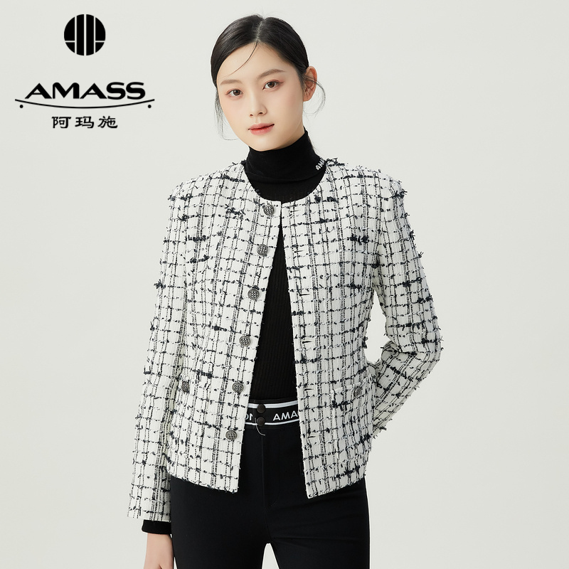 阿玛施AMASS 经典黑白格纹质感花呢小香外套5400847
