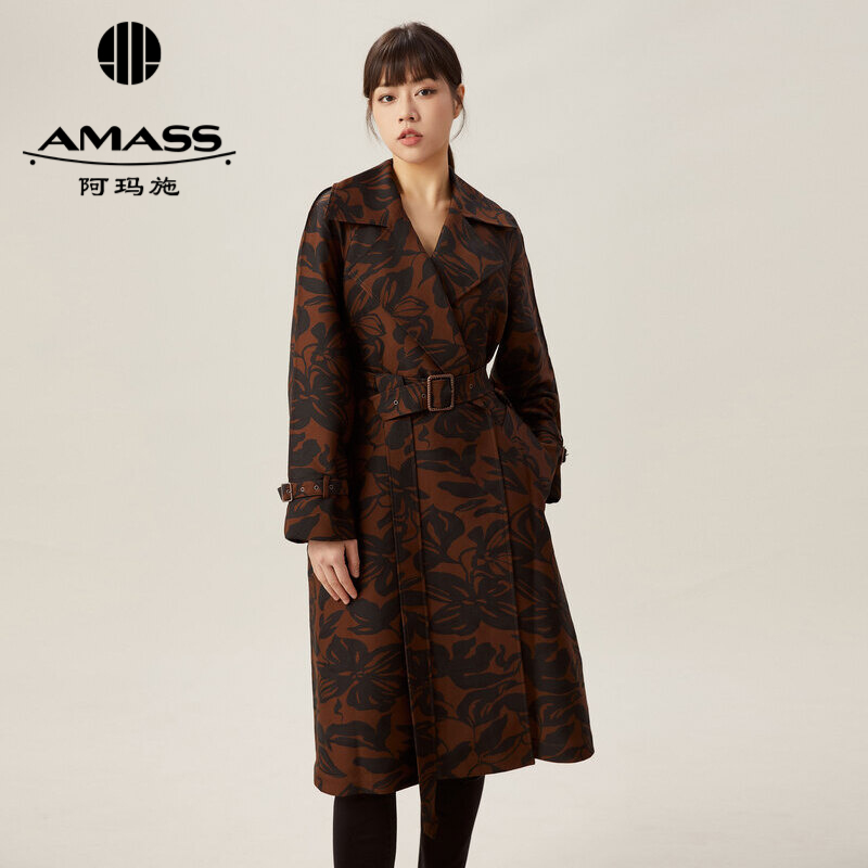 阿玛施AMASS 翻领大气花纹宽松长款风衣5400848 附腰带