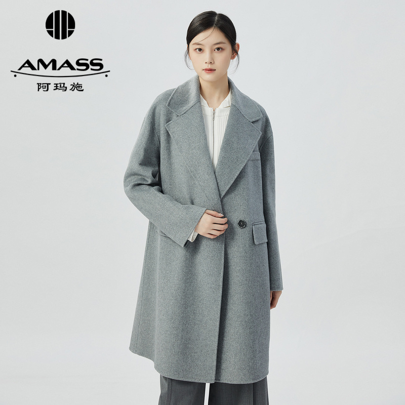 阿玛施AMASS 干练利落经典双排扣中长款双面呢外套5400858-2