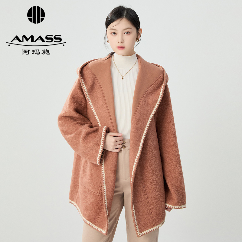 阿玛施AMASS 睡袍式连帽廓形一手长羊毛外套5400859