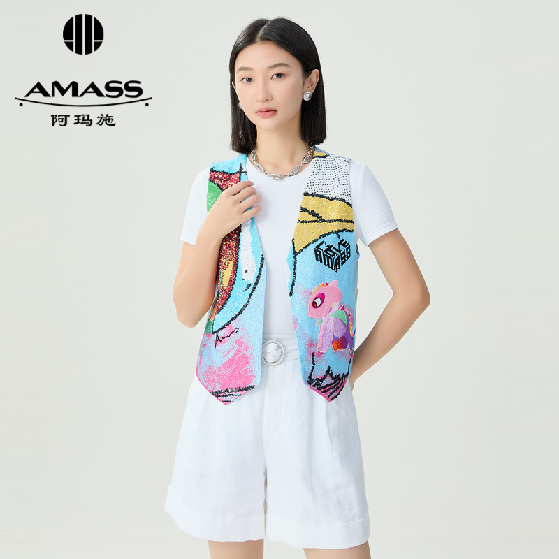 阿玛施AMASS 质感珠片刺绣印花趣味时尚牛仔马甲5400863
