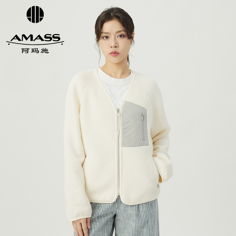 阿玛施AMASS 毛绒面感V领休闲羊毛外套5400864