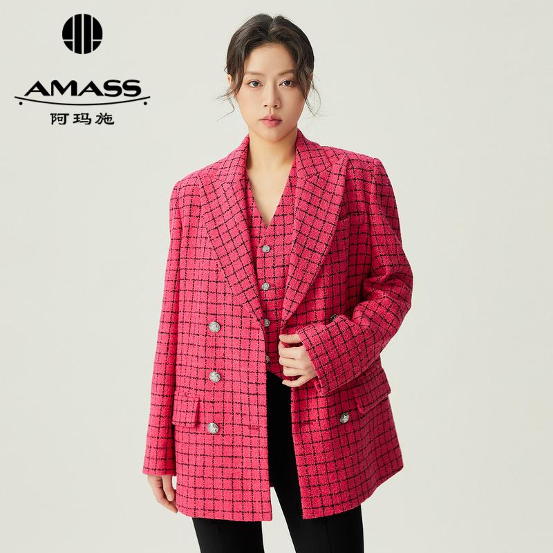 阿玛施AMASS 直身版复古亮桃色中长款格纹西装5400868