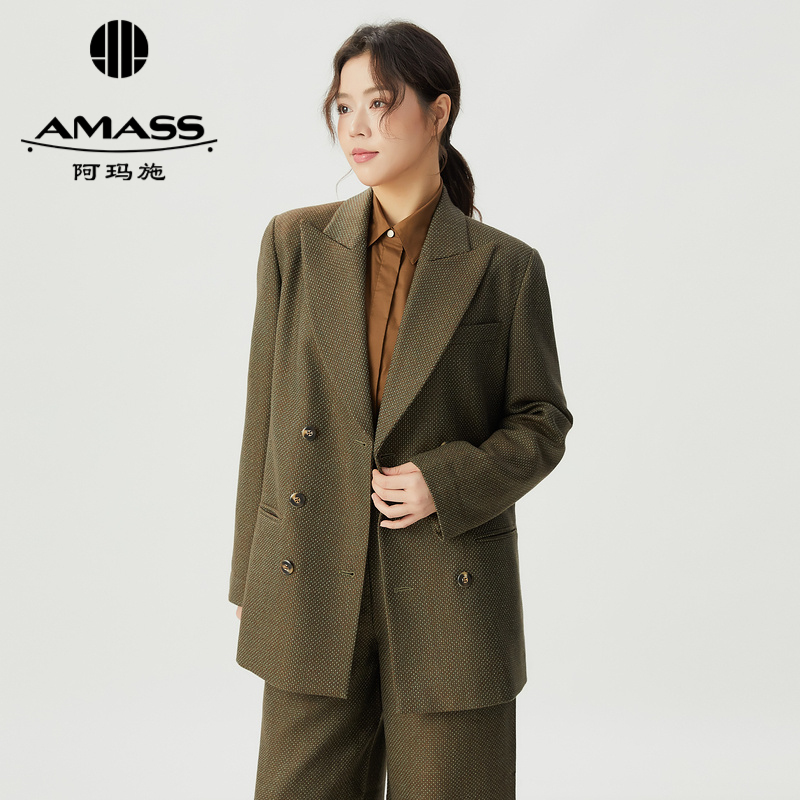 阿玛施AMASS 千鸟格纹双排扣羊毛西装外套5400868