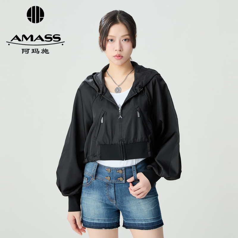 阿玛施AMASS新款时尚个性酷感前短后长连帽百搭夹克外套女5400869