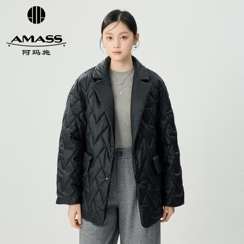 阿玛施AMASS V领菱形格轻奢廓形棉服5400878
