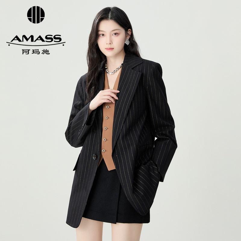 阿玛施AMASS 女装通勤极简风条纹中长款廓形男友西装外套5400904