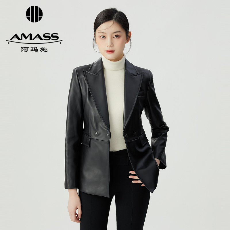 阿玛施 AMASS 质感中长款收身西装皮衣5400909