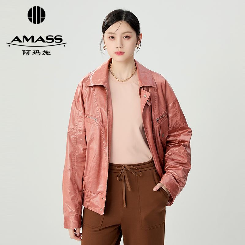 阿玛施AMASS 大理石纹涂层皮革质感夹克棉服外套5400911