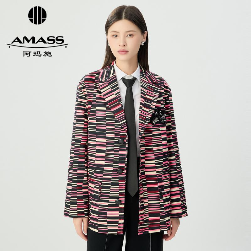 阿玛施AMASS 复古质感胸前手工钉珠章仔撞色西服外套5400914