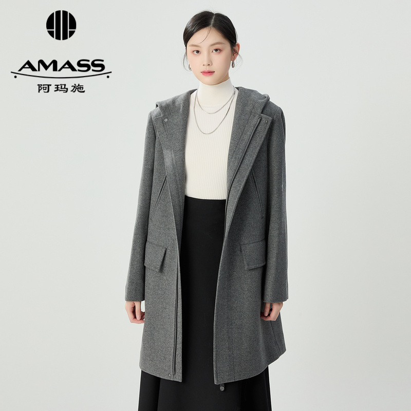阿玛施AMASS 秋冬拉链绵羊毛连帽大衣外套5400916