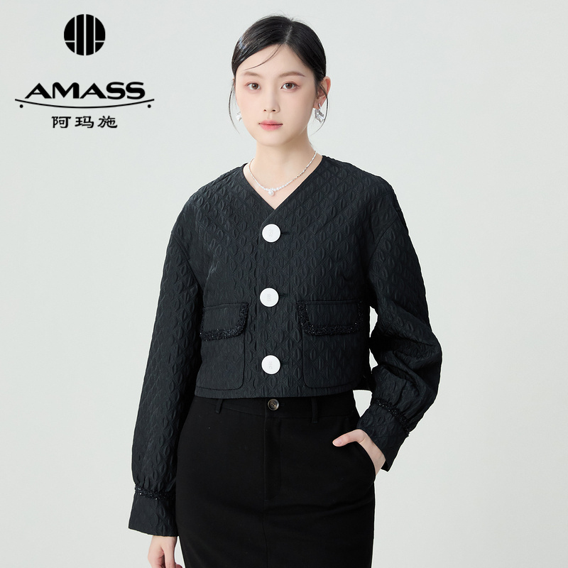 阿玛施AMASS 东方韵味肌理提花V领短款外套5400922