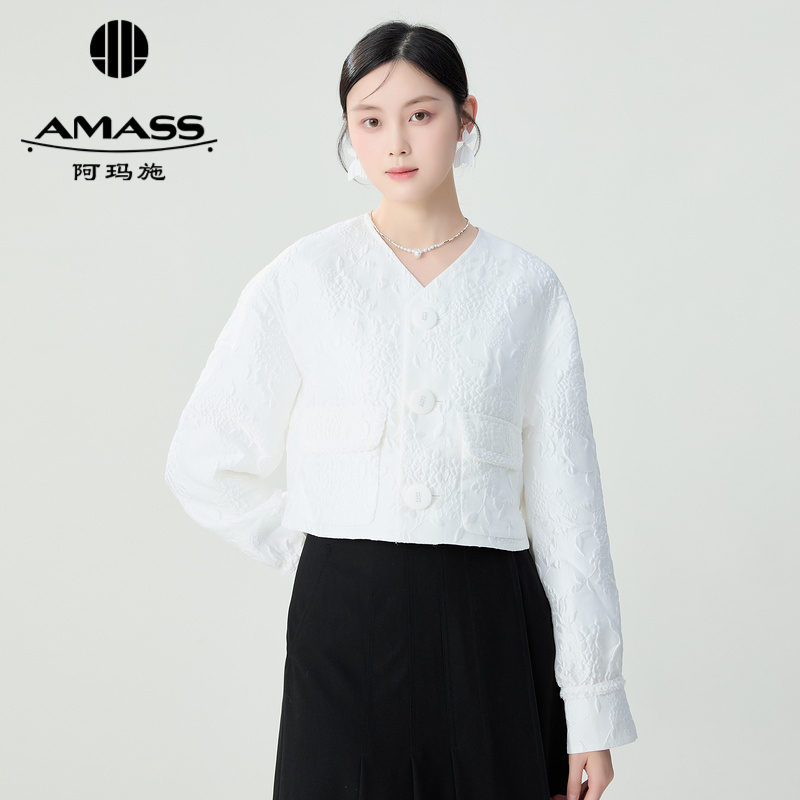 阿玛施AMASS 优雅千金高级肌理感V领双口袋小香风外套5400922