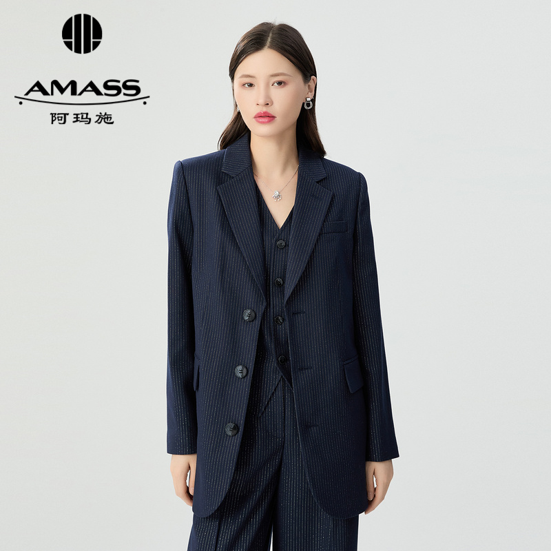 阿玛施AMASS 经典复古文艺细闪条纹西装外套5400924